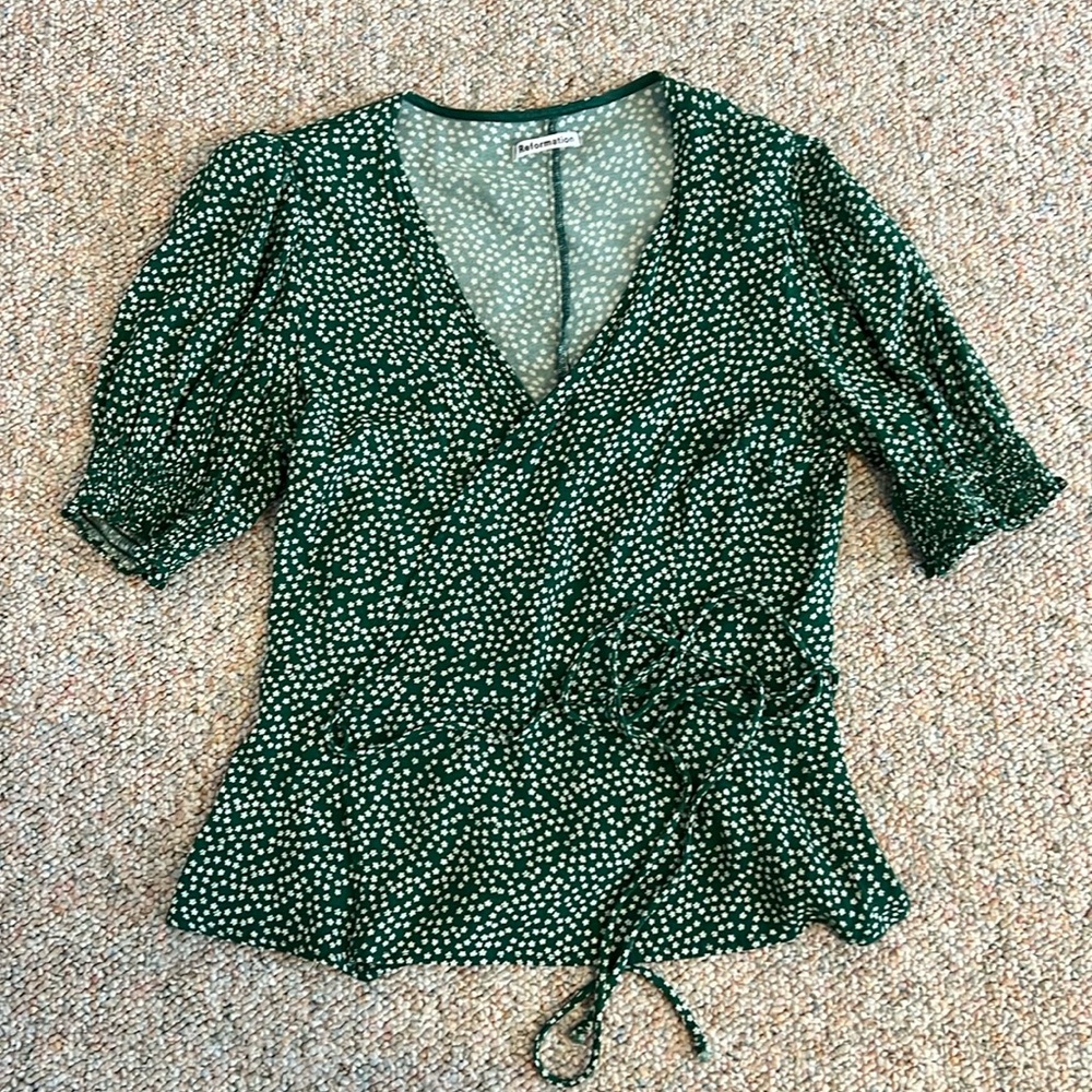 Reformation Green Floral Wrap Top